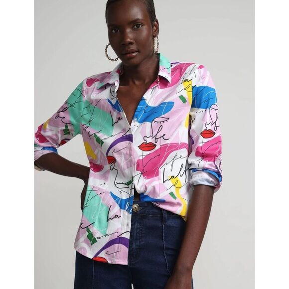 New York & Company Face-Print Double-Button Secret Button Ny&C Madison Shirt Sma - Picture 1 of 9